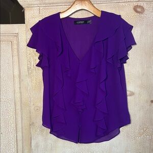 Lauren Ralph Lauren Ruffle Trim Crinkle Georgette Short Sleeve Blouse Purple S